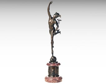 Bronze Sculpture of Flying Mercury with Caduceus, Bronze Hermes Statue Greek Mythology Statue, Hellenistic Bronze Statue on Marble Base Gift