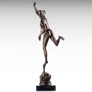 Large 21” Bronze Sculpture of Flying Mercury with Caduceus, Bronze Hermes Statue 53cm Greek Mythology, Hellenistic Bronze Statue Marble Base