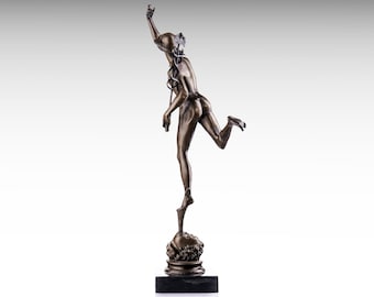Large 21” Bronze Sculpture of Flying Mercury with Caduceus, Bronze Hermes Statue 53cm Greek Mythology, Hellenistic Bronze Statue Marble Base