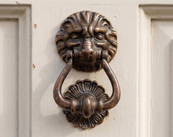 Burnished Brass Lion Head Door Knocker, Antique Design Lionhead Door Hardware African Garden Decor Wildlife Outdoor Decor Housewarming Gift