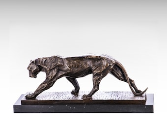 Grande escultura de bronze de pantera ambulante, estátua de pantera de bronze, estátua de bronze moderna, estatueta de animal vintage, decoração, ideias para presentes de inauguração de casa