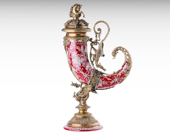 XL Large Bronze and Porcelain Cornucopia Horn with Dragon and Horse Ornament, Luxury Art Nouveau Red Ceramic Vase with Lid Table Centerpiece