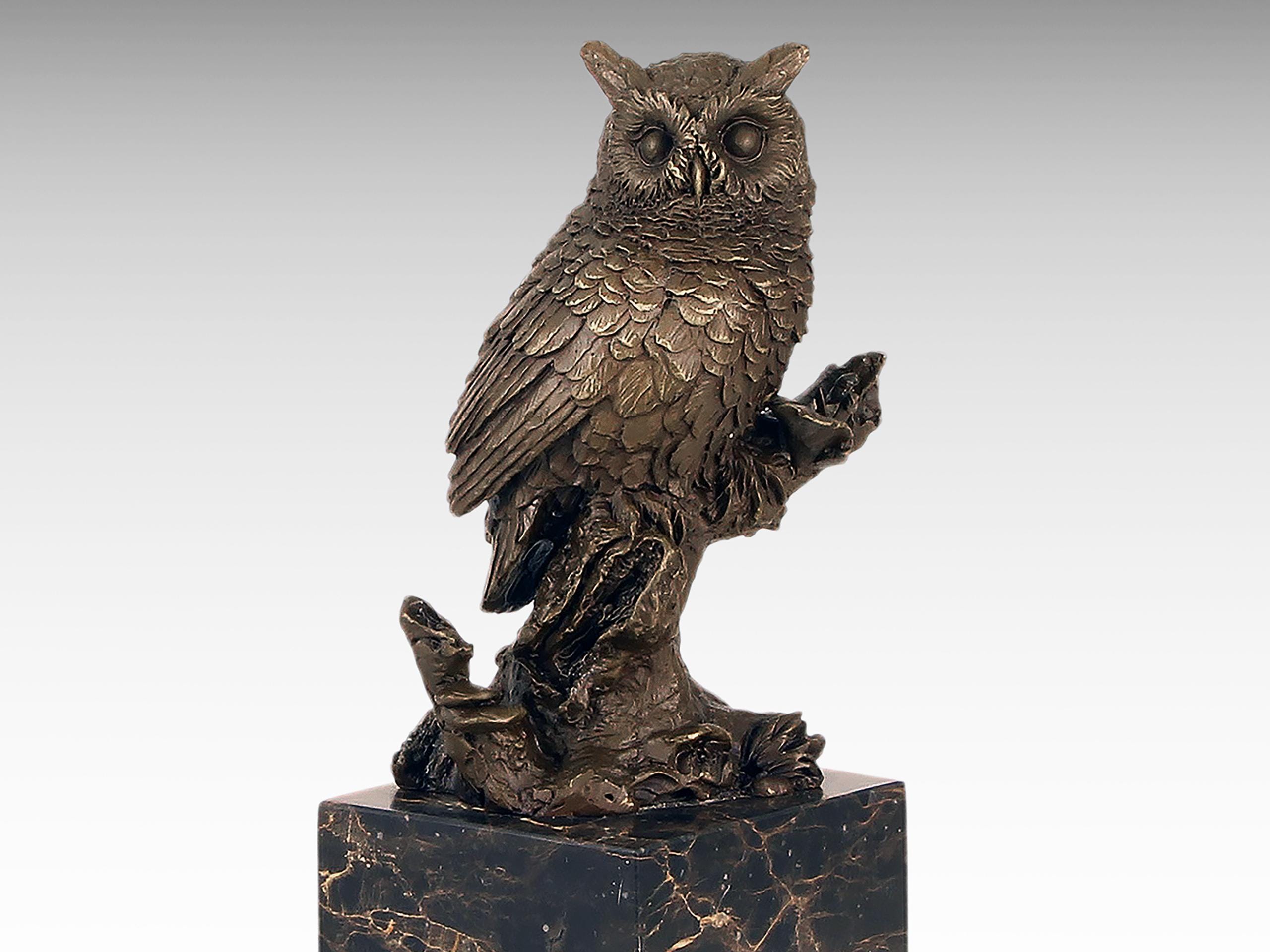 Bronze Owl Statue Bronze Sculpture on Marble Base, Bronze Statue Owl on Branch Wisdom Symbol, Animal
