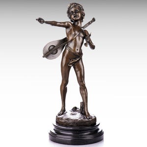 Large Bronze Sculpture of Boy with Mandolin, Modern Bronze Statue on Marble Base Man with Guitar Figurine Housewarming Personalized Gifts