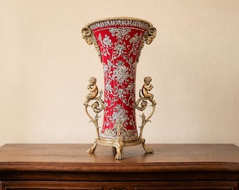 Red Porcelain Vase Bronze Cherub Handles, Large Baroque Style Floral Amphora Centerpiece Home Decor