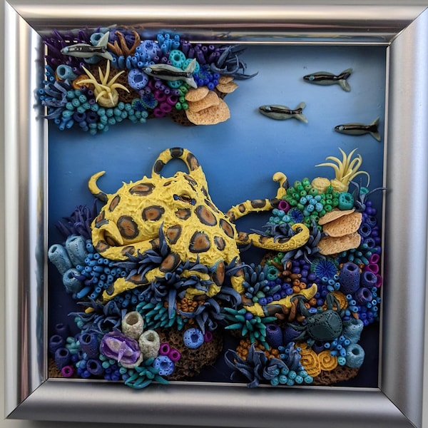 Blue-ringed octopus II, polymer clay sculpture, diorama, octopus, sea life diorama, fantasy, marine, shells, corals, fish, crabs