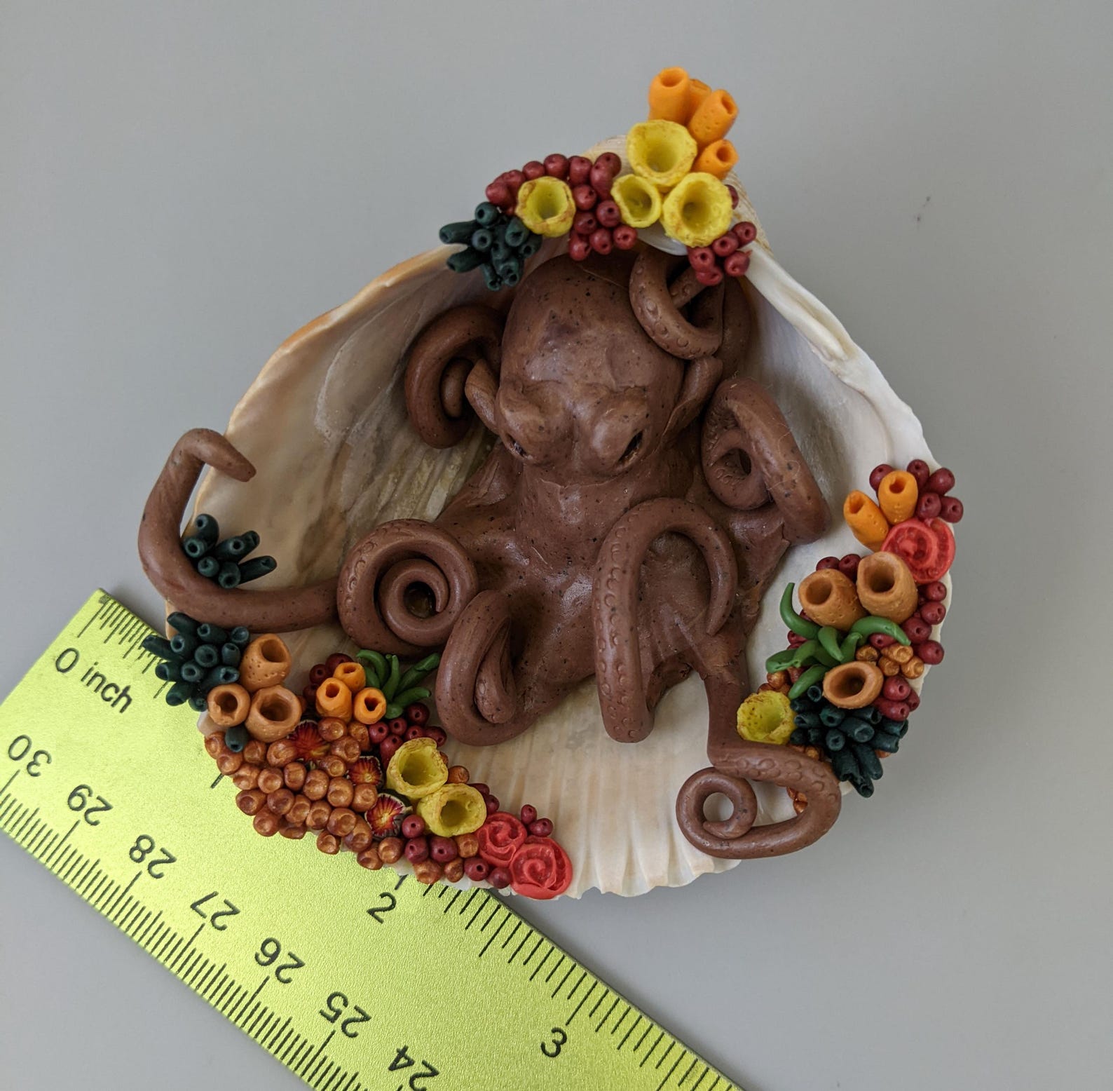 Shell Octupus Frame Autumn Octopus in a Sea Shell. Polymer Clay Sculpture, Brown, Orange ...