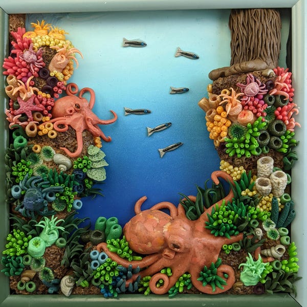 Sasquatch I - A Day at the Shore, polymer clay sculpture, octopus, sea life diorama, fantasy, marine, shells, corals, fish, crabs