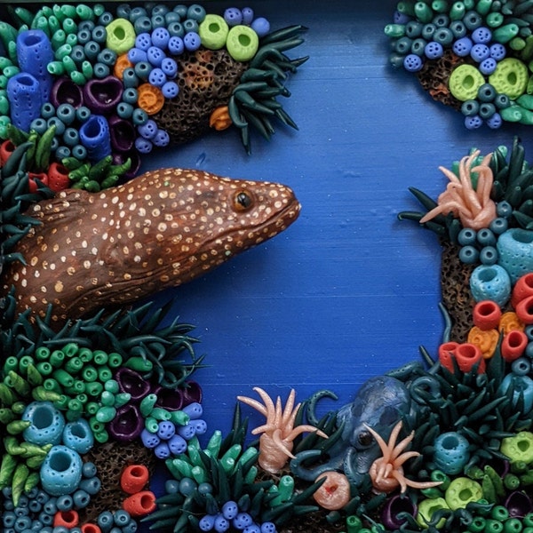 Polymer Clay Moray Eel Diorama: Undersea Sculpture, Octopus & Coral