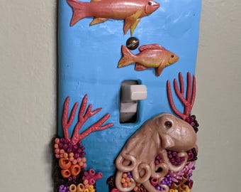 polymer clay, light switch cover, octopus, fish, corals, marine life, starfish