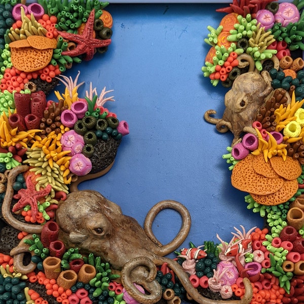 Octopus Polymer Clay Diorama: Undersea Coral Reef Sculpture
