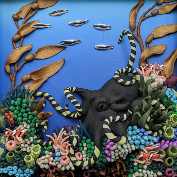 Octopus, undersea, diorama, wildlife, sea life, realistic, fantasy, coral, fish, anemone, kelp