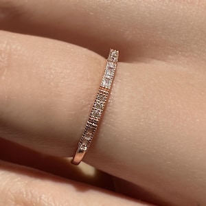 14k Gold Baguette Diamond Ring / Baguette & Round Wedding Ring / Thin Solid Gold Band Ring / Minimalist Engagement Ring / Rose, Yellow White