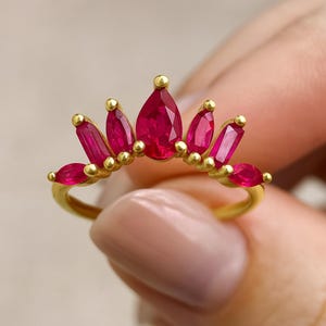 14K Gold Ruby Ring, Dainty Crown Ring, Natural Ruby July Birthstone Ring, Gold Stacking Ring, Minimalist Gemstone Jewelry