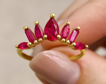 14K Gold Ruby Ring, Dainty Crown Ring, Natural Ruby July Birthstone Ring, Gold Stacking Ring, Minimalist Gemstone Jewelry