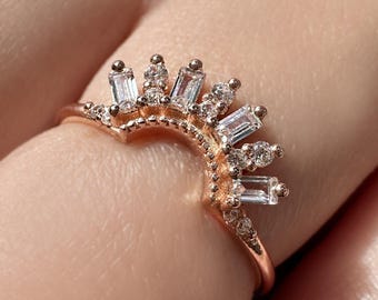 14k Gold Curved Wedding Band, Solid Gold Baguette Ring Enhancer, Chevron Ring, Curved Wedding Band, Solid Gold Sunburst Stacking Ring