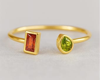 Personalized Birthstone Cuff Ring, 14K  Solid Gold Birthstone Ring, Family Birthstone Ring, Minimalist Gold Ring, Open Gemstone Ring