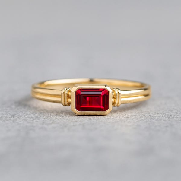14 kt massief gouden robijnring, ring 6 x 4 smaragd geslepen edelsteenring, geboortesteen juli: cadeaus
