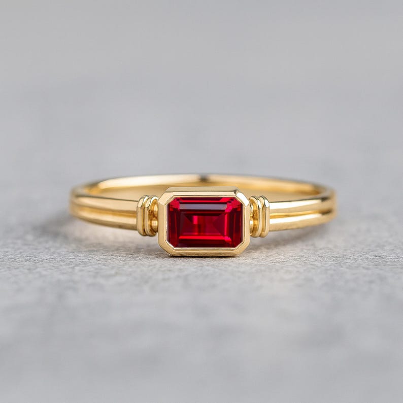 14K Solid Gold Ruby Ring, Bezel 6x4 Emerald Cut Gemstone Ring, July Birthstone Gifts