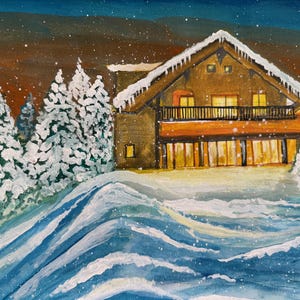 Original watercolor painting snowy cabin winter landscape