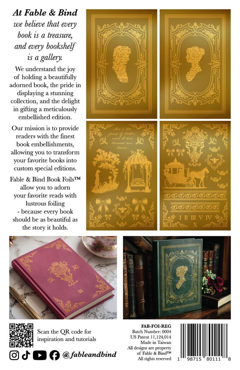 May include: A close-up of a burgundy book with gold accents and a gold design of a woman's silhouette. The book is closed and lying on a white surface. The text "Fable & Bind Book Foils&trade;" is visible on the page. The text "At Fable & Bind" is visible at the top of the page. The text "Scan the QR code for inspiration and tutorials" is visible at the bottom of the page. The text "@fableandbind" is visible at the bottom of the page.