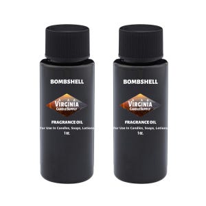 May include: Two identical black plastic bottles with black screw-on caps, each containing 1 oz. of Bombshell fragrance oil. The labels feature the text Virginia Candle Supply, Bombshell, and For Use In Candles, Soaps, Lotions with a diamond graphic.