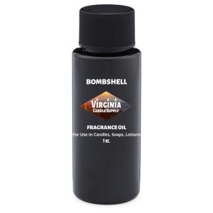 May include: A black bottle of fragrance oil with a black cap. The label reads "BOMBSHELL" above "VIRGINIA CANDLE SUPPLY". Below, it states "FRAGRANCE OIL" and "For Use In Candles, Soaps, Lotions". The bottle contains 1 oz of oil.