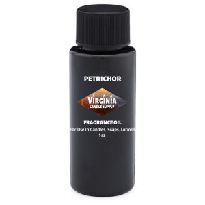 May include: A black fragrance oil bottle with a black cap. The label reads "PETRICHOR" above a logo and "VIRGINIA CANDLE SUPPLY". Below the logo, it says "FRAGRANCE OIL" and "1 oz."