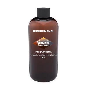 May include: A brown plastic bottle with a black cap containing Pumpkin Chai fragrance oil. The label features the text Virginia Candle Supply, Pumpkin Chai, Fragrance Oil, For Use In Candles, Soaps, Lotions, and 16 oz. The bottle is cylindrical.