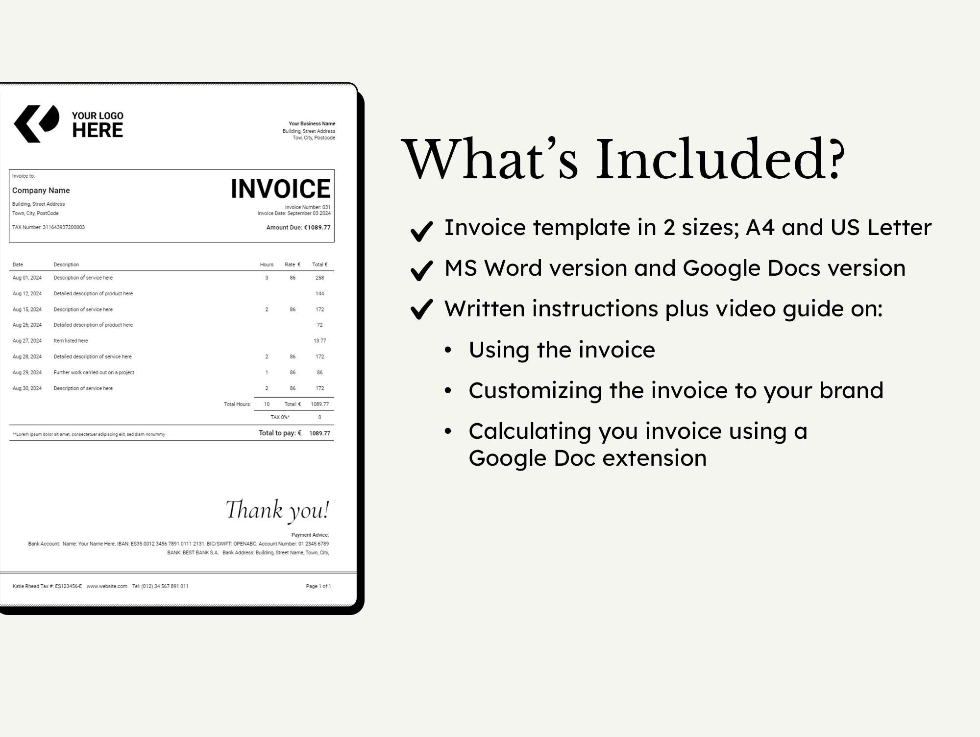 Invoice Template | Editable MS Word Google Docs | Professional Business ...