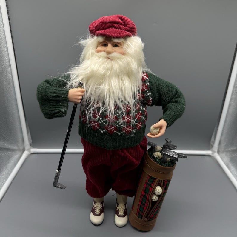 Vtg Karen Didion Golfing Santa Claus Christmas Figure Golf Bag Holiday Decor 18" image 1