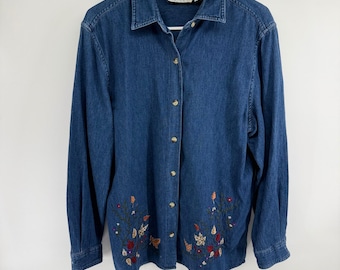 ヴィンテージ ケイシー＆マックス レディース ブルーデニム 刺繍入り花柄ボタンダウンシャツ サイズM