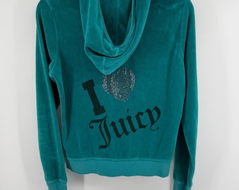 Sudadera con capucha y cremallera Juicy Couture color turquesa con pedrería "I Heart Juicy" estilo vintage Y2K, talla XL