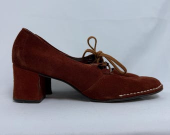 Vintage Life Stride Brown Suede Lace-up Block Heel Oxford 69s 70s Size 6.5A Women’s