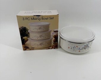 Set di 3 ciotole impilabili in smalto vintage con motivo oca e coperchi, stile rustico.