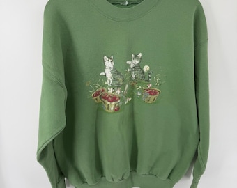 Bluza z nadrukiem w stylu vintage z zielonym kotem i koszem jabłek Cottagecore z okrągłym dekoltem