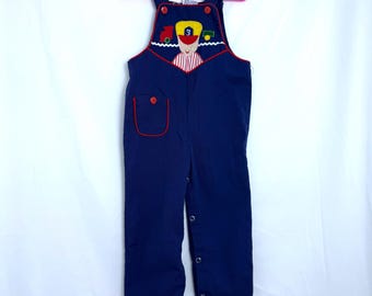 Vintage Pete&#39;s Jeans Kids Overalls Train Applique Side Button 24 Months Unisex