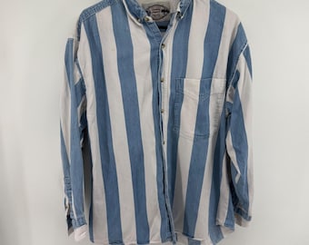 VTG Double Impact heren blauw wit gestreept denim button-down shirt met lange mouwen