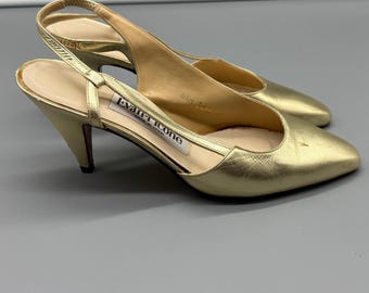 Evan Picone Vintage Złote Metaliczne Skórzane Buty na Obcasie typu Slingback Z Noskiem W Szpic 6,5 M