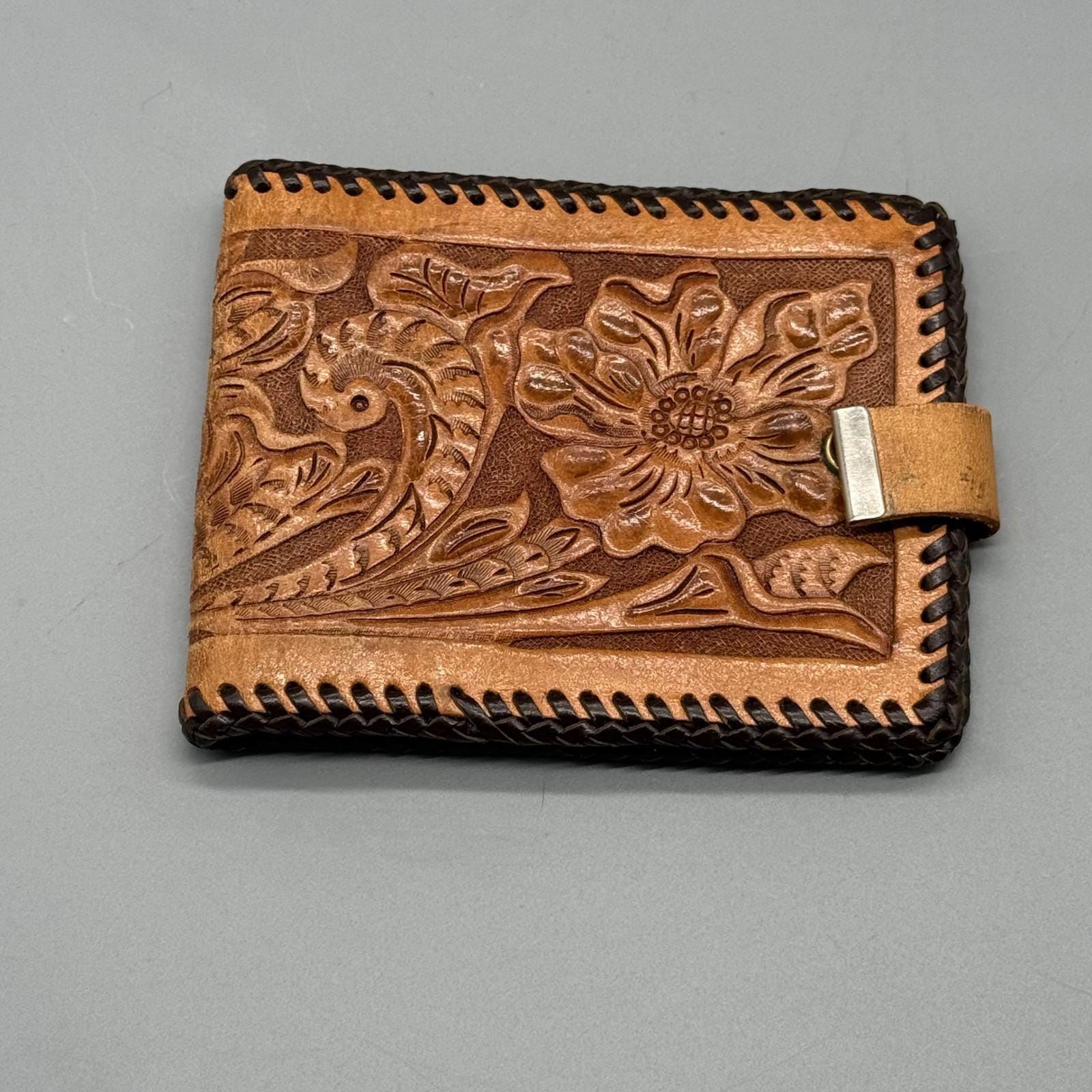 Vintage Tooled Leather Western Bifold Wallet Floral Whipstitch Tan Brown Unisex