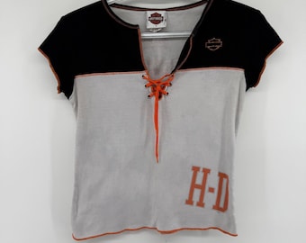 Vintage Y2K Bikercore Harley Davidson Lace Up Baby Tee White Black Orange Small