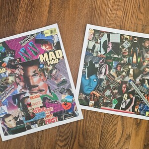 May include: Two collage art pieces with a black and white theme. The first piece features a collage of images with the words "Mad Mad" and "Blood Flood" in bold, colorful text. The second piece features a collage of images with a black and white theme.