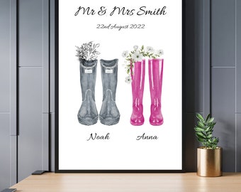 Póster de regalo de boda para pareja con botas de agua para él y para ella
