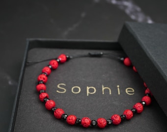 Black tourmaline bracelet with red lava, protective bracelet 4 mm, gemstone talisman, protector bracelet for women and men, energy jewelry