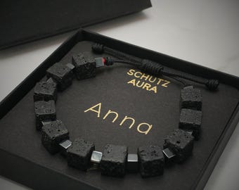 Lava Stone Cube Bracelet - Protection & Grounding - Genuine Lava Stone Hematite - Powerful Protective Amulet for Women and Men