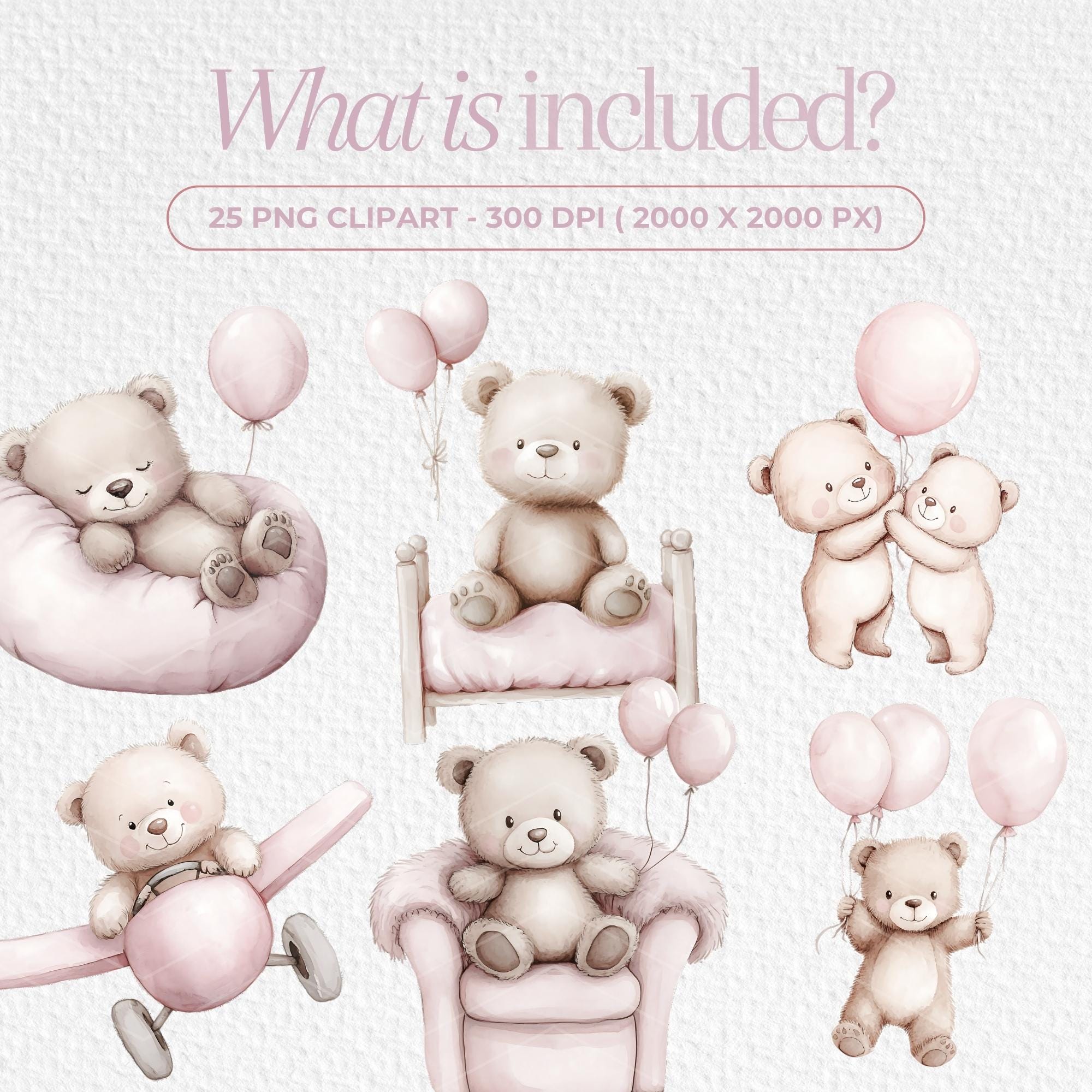 25 Cute Pink Bears Watercolor Clipart, Teddy Bear Cute Baby Shower ...