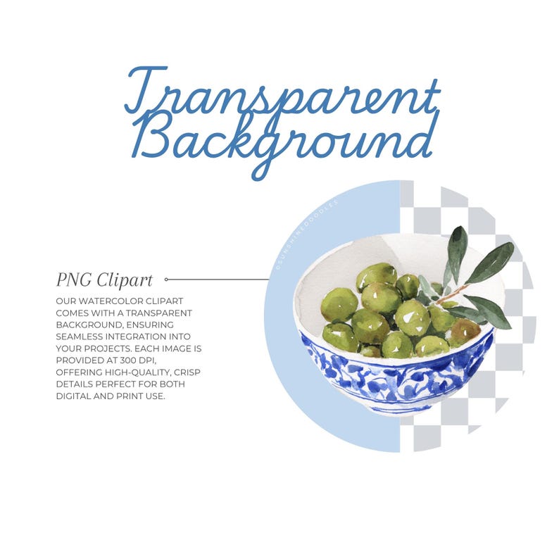May include: Watercolor clipart of a bowl filled with green olives and olive branches. The bowl has a blue and white patterned design. Text reads "Transparent Background" and "PNG Clipart".