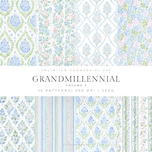 Könnte beinhalten: Eine Sammlung von Aquarellmustern in Blau-, Rosa- und Grüntönen. Die Muster umfassen florale, gestreifte und geometrische Designs. Der Text lautet "UNLIMITED COMMERCIAL USE GRANDMILLENNIAL VOLUME 3 15 PATTERNS | 300 DPI | JPEG".