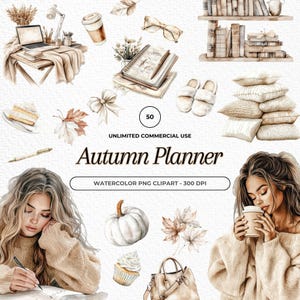 Autumn Planner Watercolor Clipart, Cozy Autumn Clipart, Boho Clipart Planner, Digital Stickers, Fall Clipart, Reading PNG, Fall PNG Clipart