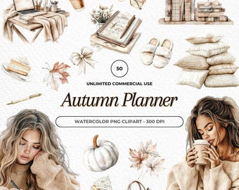 Autumn Planner Watercolor Clipart, Cozy Autumn Clipart, Boho Clipart Planner, Digital Stickers, Fall Clipart, Reading PNG, Fall PNG Clipart